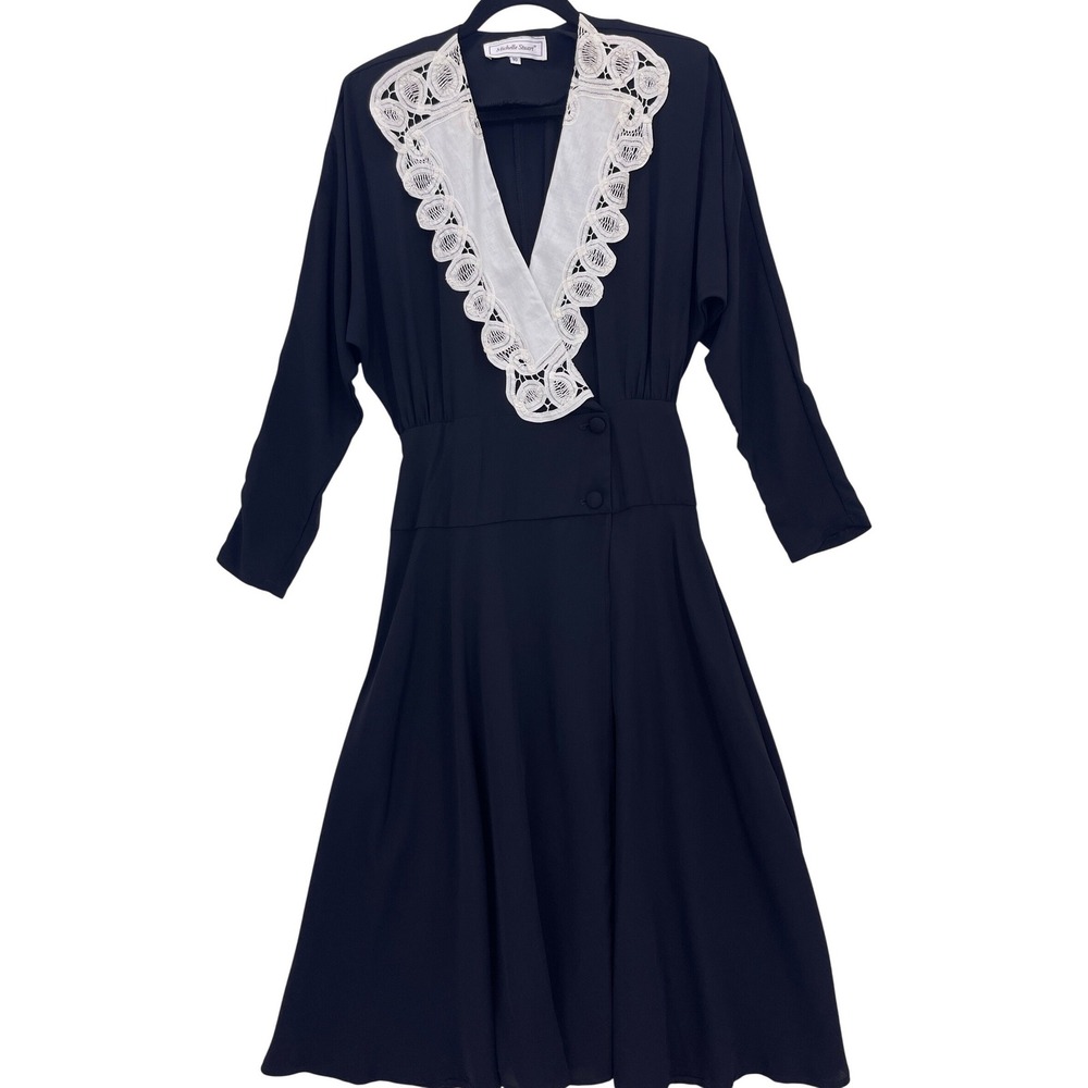 Vintage 80s Michelle Stuart Black Lace Collar Midi Dress 10 Dolman Sleeve